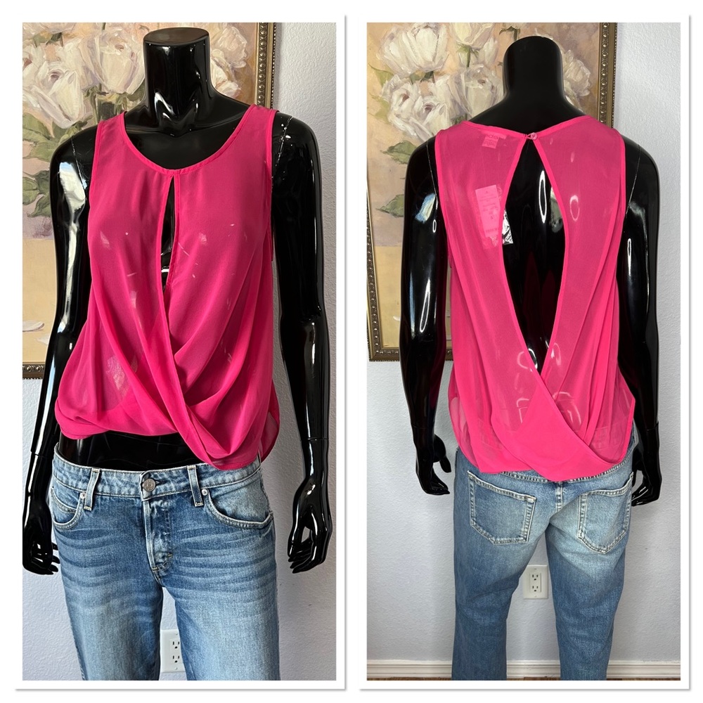 bebe Hot Pink Sleeveless Drape Front & Open Back Blouse